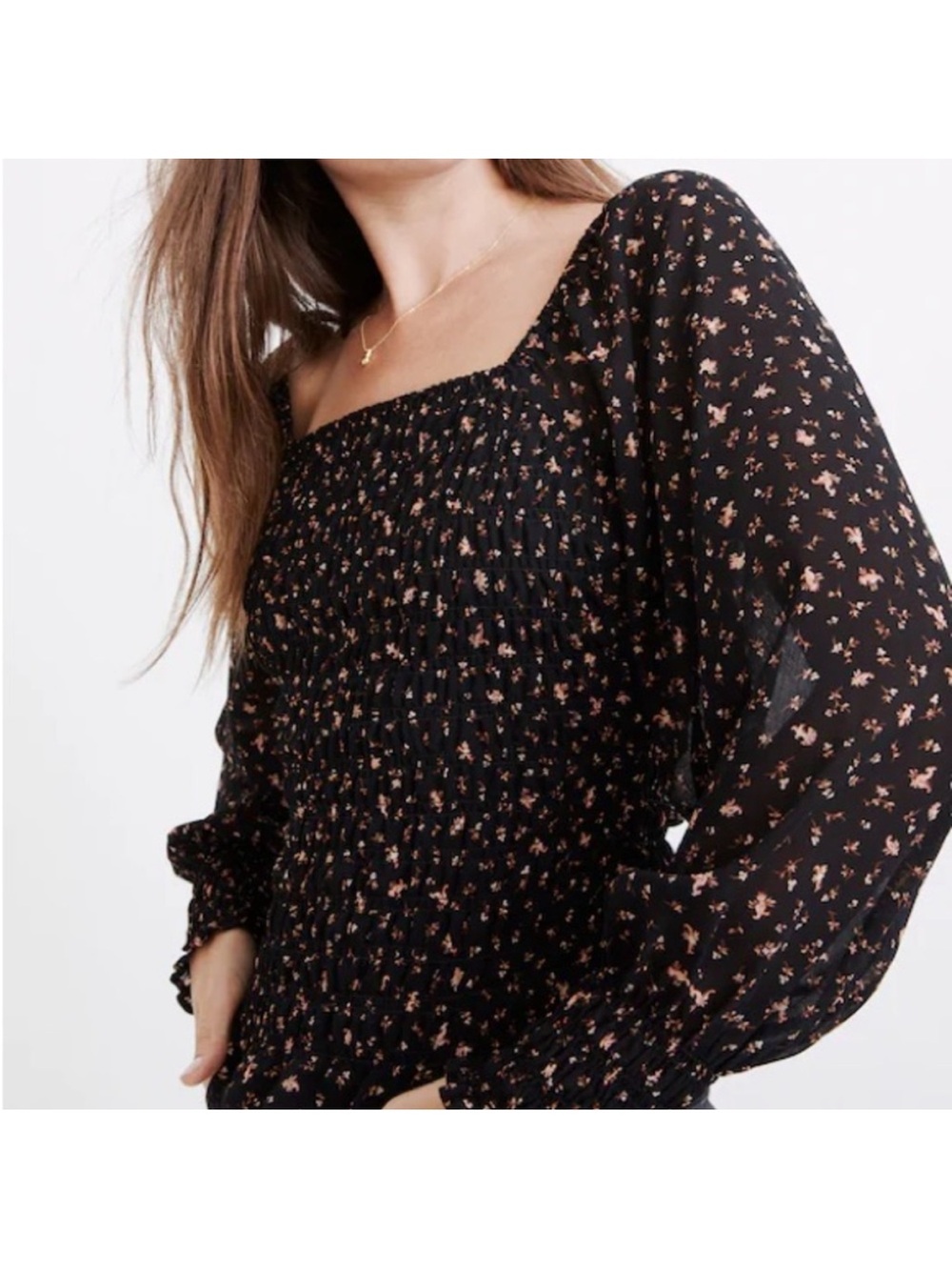 Madewell Black Smocked Square-Neck Blouse with Floral print